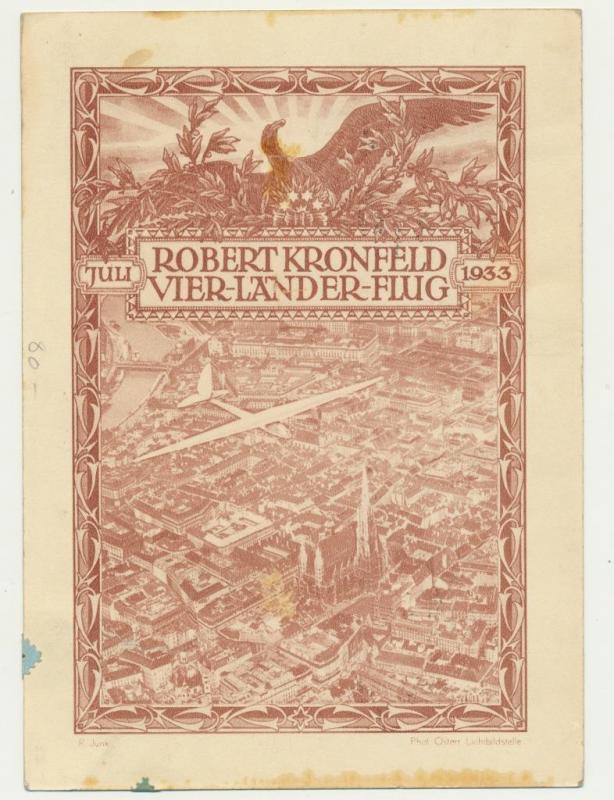 AUSTRIA 1933 WIPA EXPO ROUND TRIP GLIDER FLIGHT CARD FLOWN 4 COUNTRIES(SEE BELOW