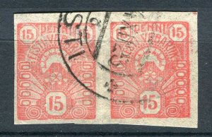 ESTONIA; 1919 early Pictorial Imperf issue fine used 15p. POSTMARK Pair