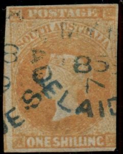 AUSTRALIAN STATES - South Australia #9, 1sh orange, used w/blue 1859 cancel