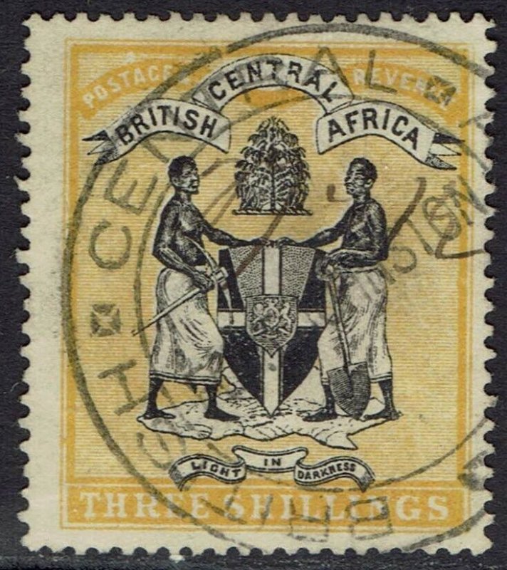 BRITISH CENTRAL AFRICA 1896 ARMS 3/- WMK CROWN CC FISCAL USED