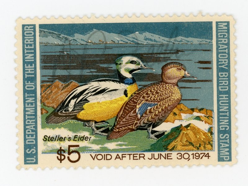 #RW40 – 1973 $5.00 Steller's Eiders. Used.