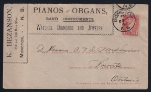 Canada 1896 Pianos & Organs Small Queen Advertising Cover Moncton to Toronto