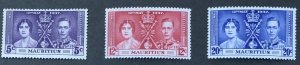 MAURITIUS 1937 CORONATION SET. SG249/251 5c MM 12C 20C MNH