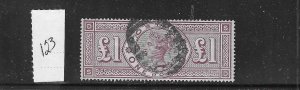 GREAT BRITAIN SCOTT #123 1888 ONE POUND (BROWN VIOLET) WMK 29 (THREE ORBS) USED