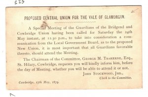 GB Wales Stationery Card *COWBRIDGE UNION* *224* 4VOD Duplex Glamorgan 1878 ZB52 