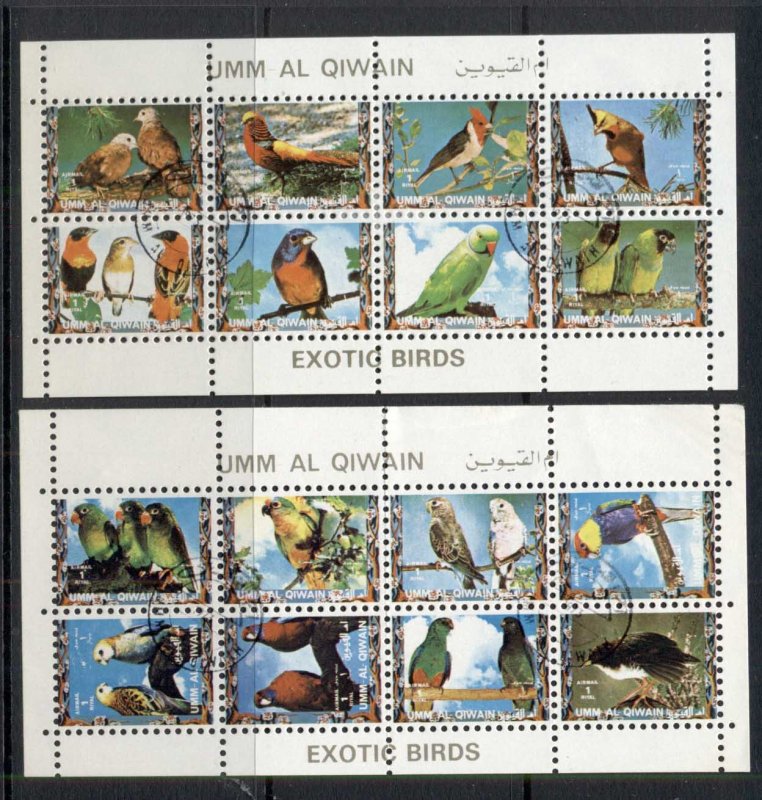 Umm al Qiwain 1972 Birds, Parrots & Finches II 2xsmall sheetlet (Mi#1258-73) CTO