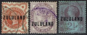 ZULULAND 1888 OVERPINTED QV GB ½D 1D AND 2½D USED