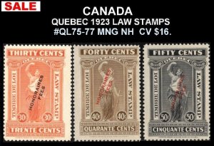 SALE CANADA, QUEBEC REVENUE QL75-77 OVERPRINTED, 3 MNG 1923 LAW STAMPS CV $16.
