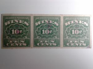 SCOTT # RE 37 STRIP OF 3 10 CENT REVENUE USED WINE STAMP IMPERF