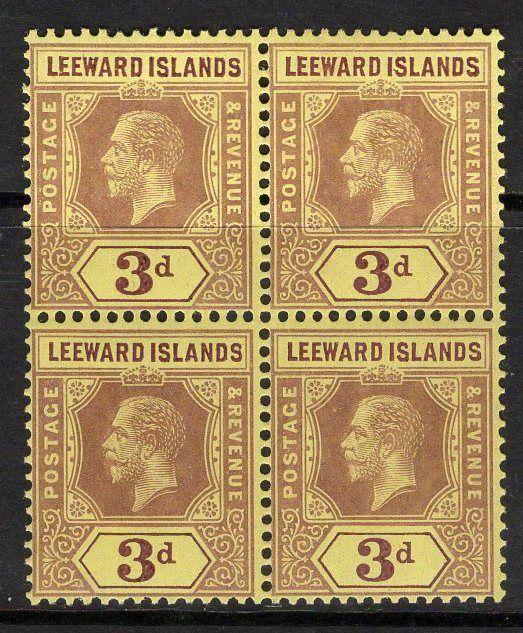 LEEWARD ISLANDS SG51c 1920 3d PURPLE/BUFF MTD MINT BLOCK OF 4 2xMNH