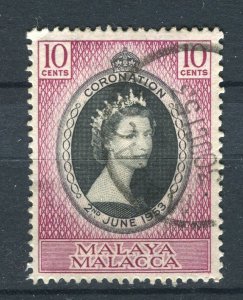 MALACCA; 1953 early QEII Coronation issue fine used 10c. value fine POSTMARK