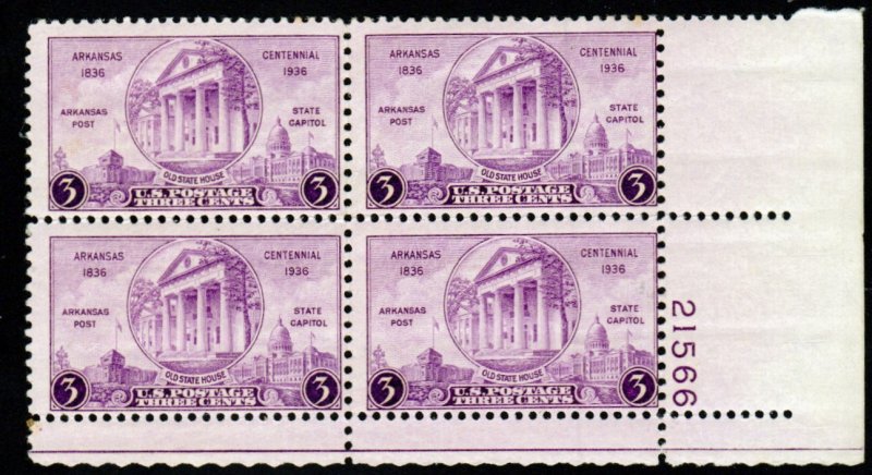 SC# 782 - (3c) - Arkansas Centennial, MNH plate block/4 - LR # 21566