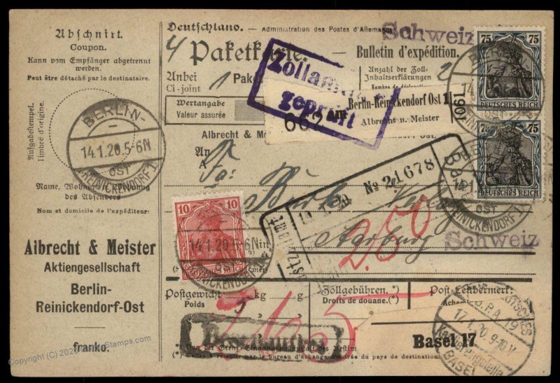 Germany 1920 DR Germania Wmk Cover Switzerland G96002