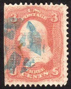 1867, US 3c, Blue cancel, Washington, Used, Sc 94