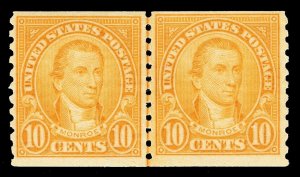 Scott 603 1924 10c Monroe Coil Issue Mint Joint Line Pair F-VF OG LH Cat $25