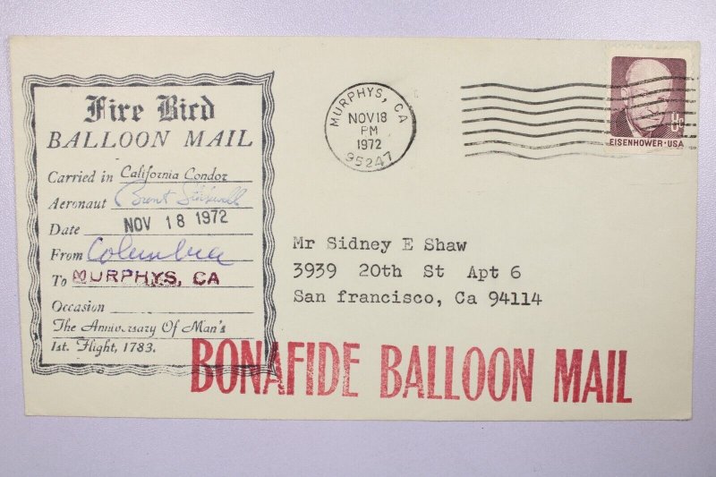 US 1972 Fire Bird Balloon Mail / Pilot Signed - L40345