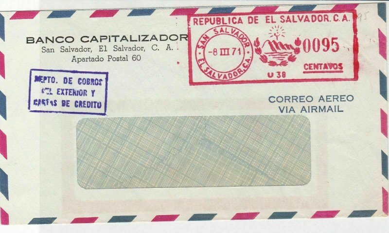 El Salvador 1971 Banco Capitalizador Slogan Cancel Airmail Stamps Cover R 17635