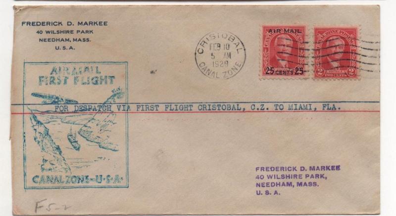 LINDBERGH Cover First Flight Cristobal CZ to Miami FL