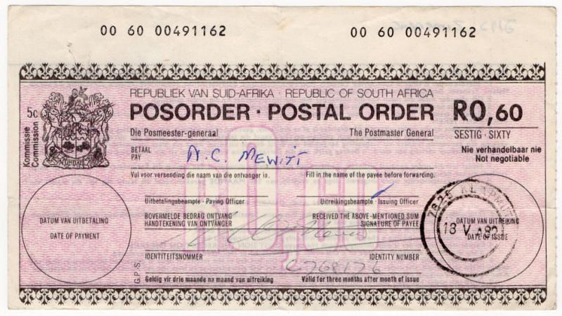 (I.B) South Africa Revenue : Postal Order 60c