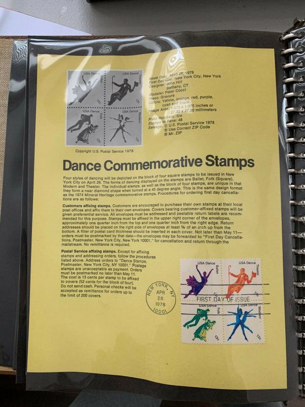 USPS Souvenir Page Scott 1749-1752, 1978 dance stamps 