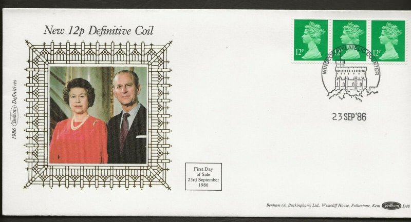 23/09/1986 12p (HORIZONTAL) x 3 STAMP COIL FDC