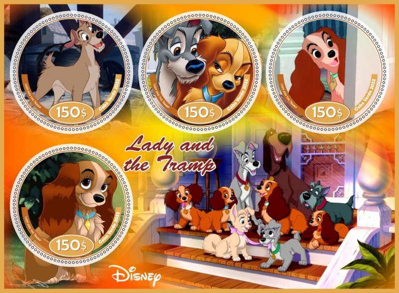 Stamps. Cartoons. Disney. Lady and the Tramp Cabo Verde 2022 year 1+1 sheet perf