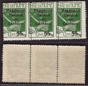 Fiume, 5 c. del 1920 striscia di tre nuova ** nhm con bella varietà    -BC62
