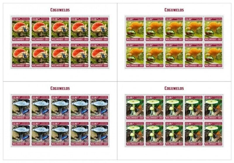 Mozambique - 2021 Mushrooms and Insects - 4 10 Stamp Sheets - MOZ210304f