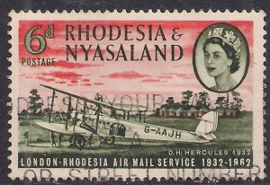 Rhodesia & Nyasaland 1962 QE2 6d Anniversary of Airmail used SG 40 ( K1119 )