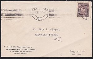 PITCAIRN 1951 cover ex Australia with arrival cds on reverse...............A8577