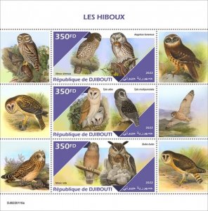 DJIBUTI - 2022 - Owls - Perf 3v Sheet  - Mint Never Hinged