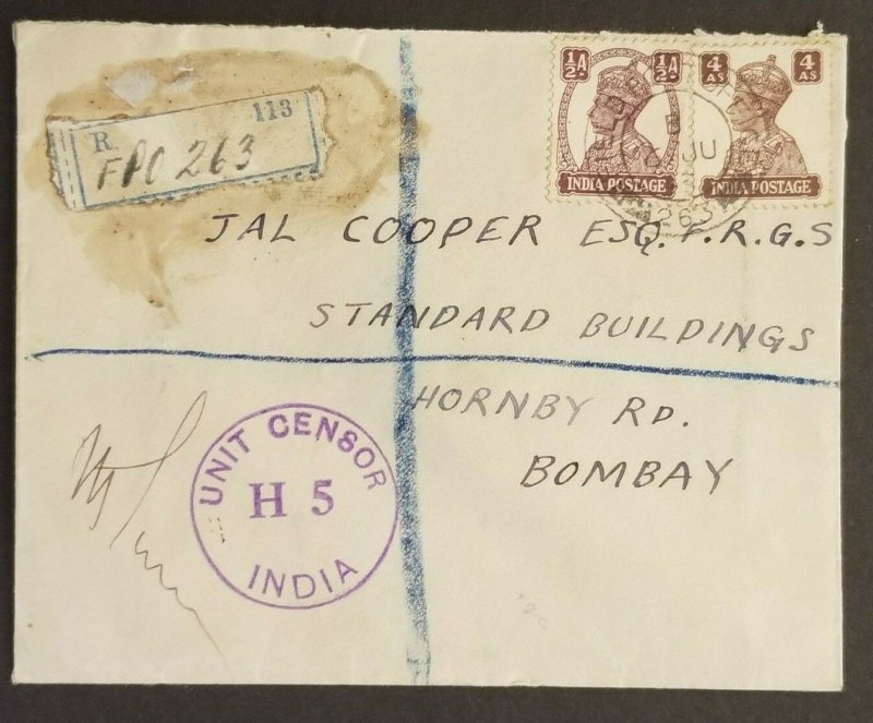 1943 Bombay India British 2nd Infantry Field Post Registered Censorship Cover