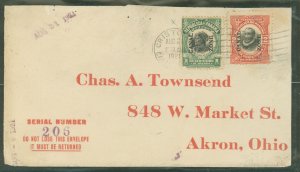 Canal Zone 52/56 1921 Cristobol to Akron, OH 8/24/21 Tear & staple holes at top of envelope