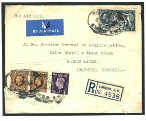 GB 10s SEAHORSE Cover 1938 HIGH VALUES Registered Air Mail ARGENTINA Naval MC169