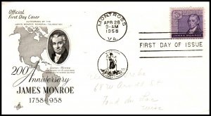 US 1105 James Monroe Artcraft Pencil FDC
