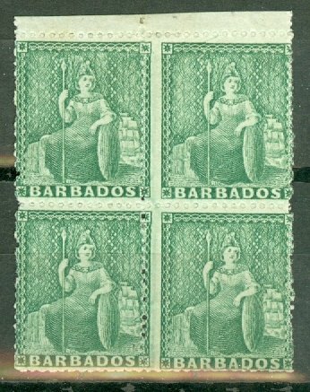 BV: Barbados 15 mint top margin block of 4 CV $140