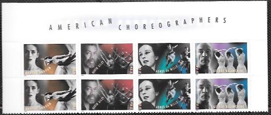 US #3840-43 Header block of 8. American Choreographers