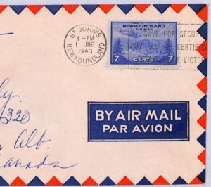 Canada NEWFOUNDLAND 7c Air Mail 1943 FDC St John's Stettler Alberta WW2 YN86