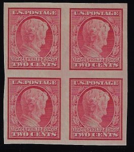 Scott #368 - $200.00 – Superb-OG-NH –  Showpiece block of four. 3mm spacing