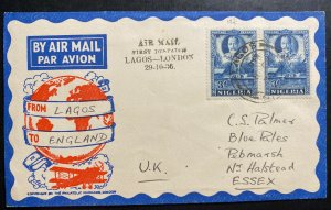 1936 Lagos Nigeria First Flight Airmail Cover FFC To London England