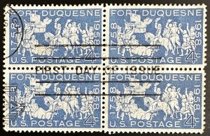 US #1123 Used F/VF Block of 4 (w/First Day Cancel) 4c Fort Duquesne 1958 [BB225]