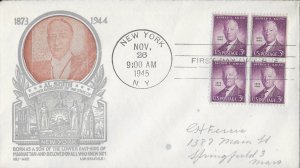 1945 FDC, #937, 3c Alfred E. Smith, Nu-Art/Staehle, block of 4