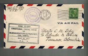 1929 Panama Canal Zone First Flight Cover FFC to Tumaco Colombia
