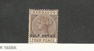 Barbados, Postage Stamp, #69a (No Hyphen) Mint Hinged, 1892