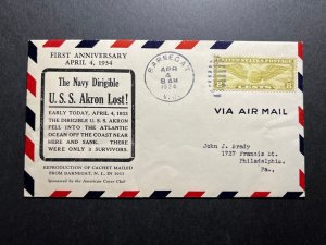 1934 USA Zeppelin Cover USS Akron Crash Anniversary Barnegat NJ to Philadelphia