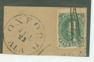 Confederate States 1 5Cts. Green Pen-cancelled on piece with Oxford, ALA. Jul 23 CDS, top sheet margin copy, minor stain(?) LR s