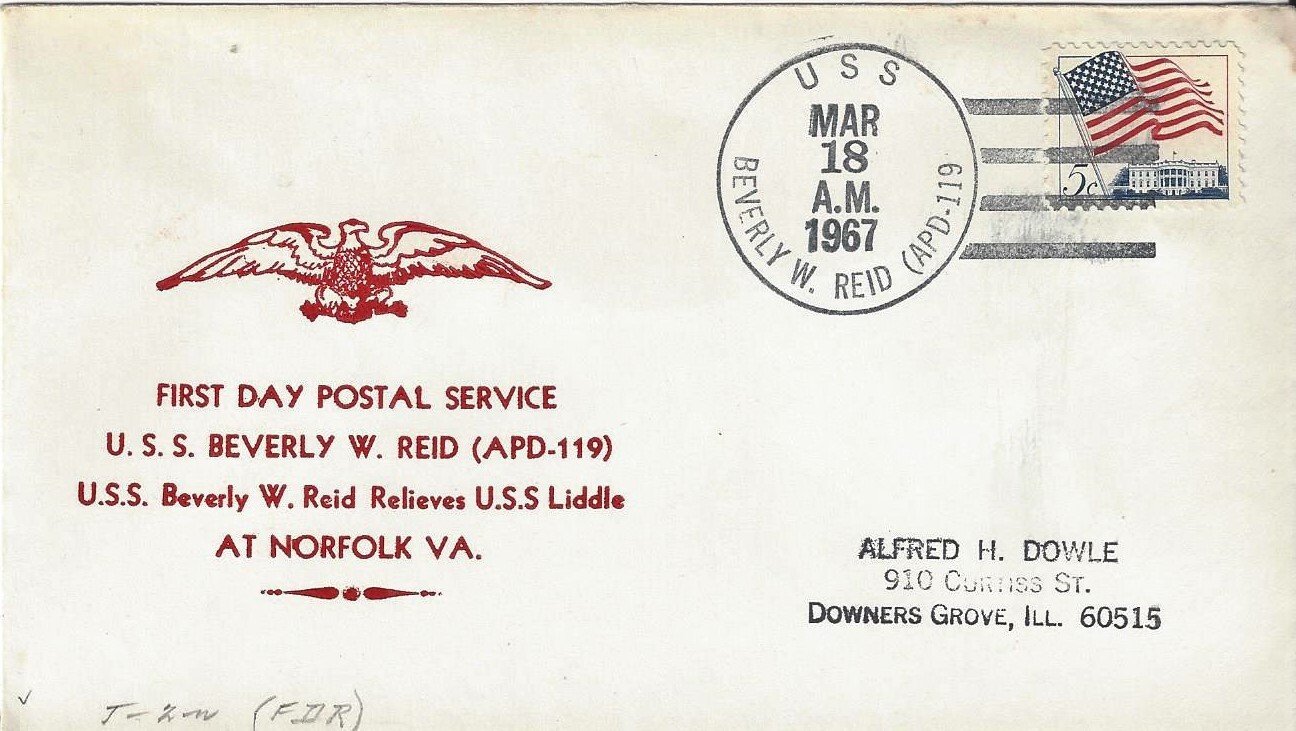 US Navy Covers USS Beverly W Reid APD 119 1967 First Day Postal Service