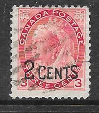 Canada #88  2c on 3c carmine Queen Victoria (U) CV $6.00