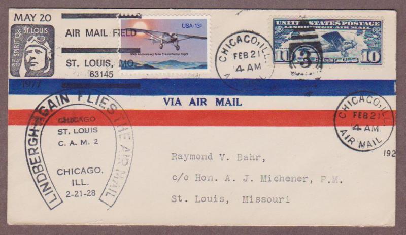 US # C10 CAM2 S Lindbergh Flight Chicago 2/21/28 - Combo FDC - I Combine S/H