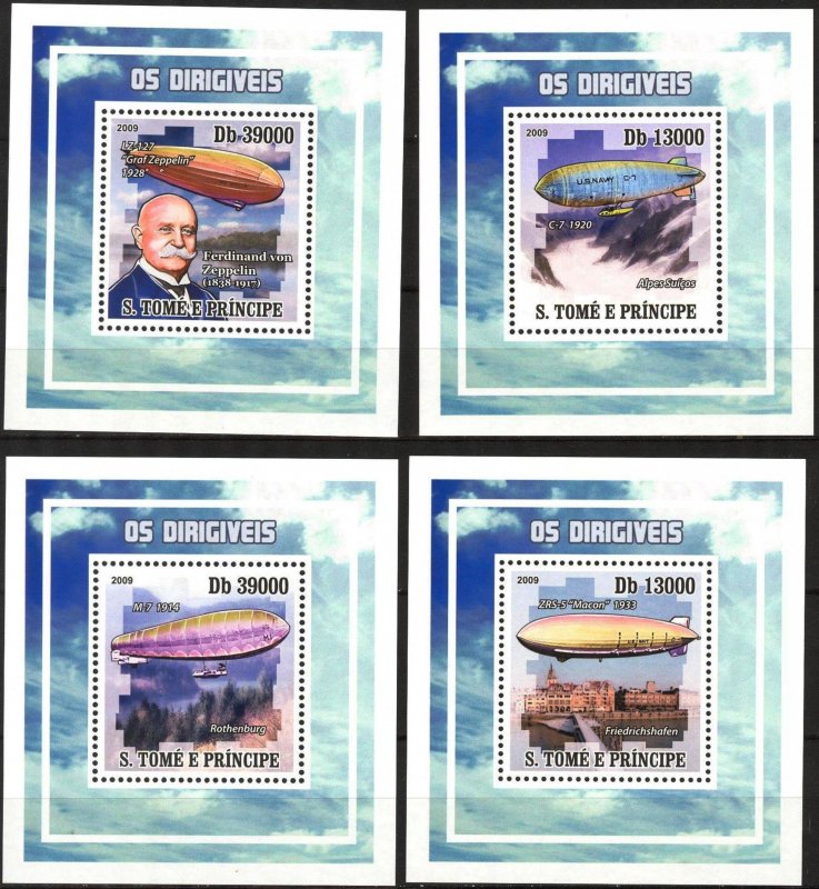 {373} Sao Tome and Principe 2009 Aviation Airships Zeppelins 4 S/S Deluxe MNH**